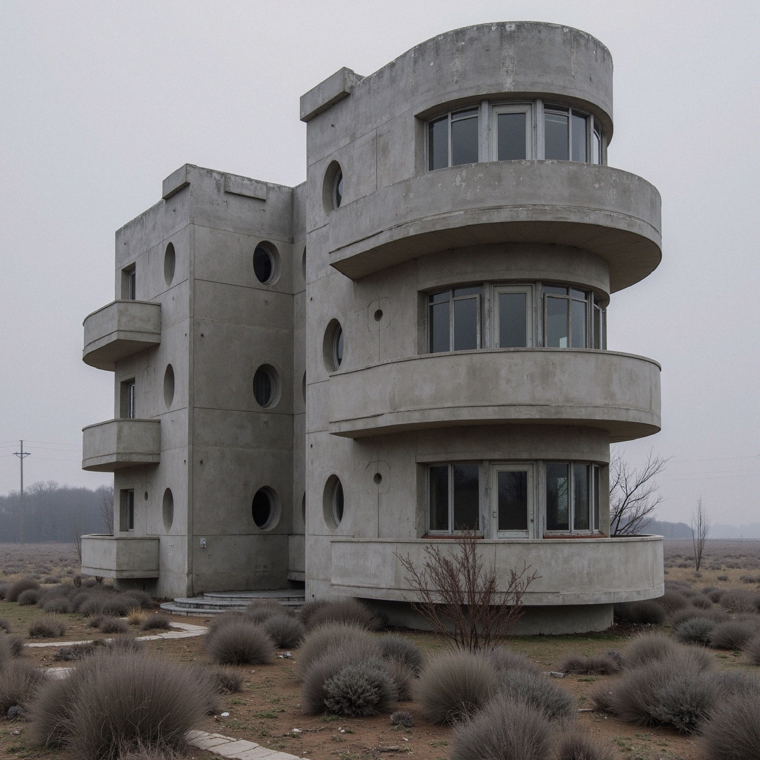 Modernist Concrete Building with Unique Design Elements