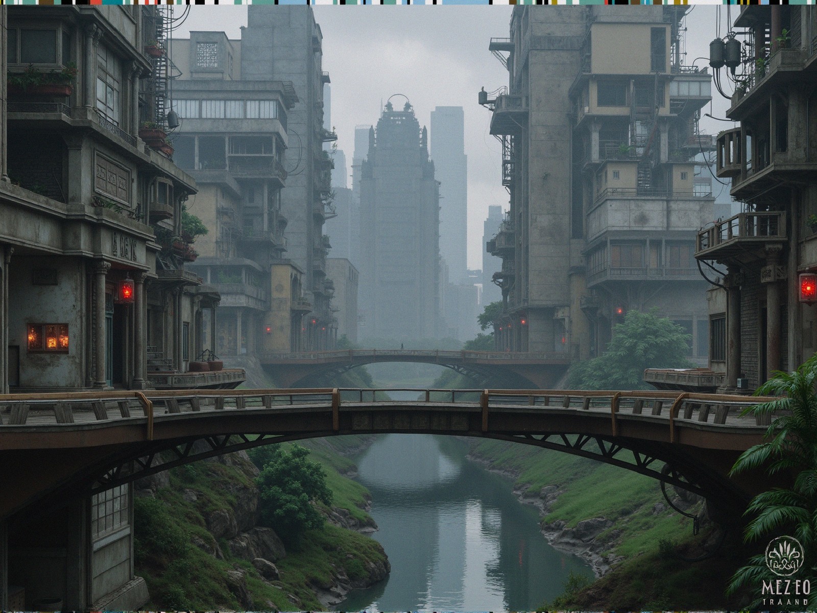 Futuristic urban environment with mist and red lights