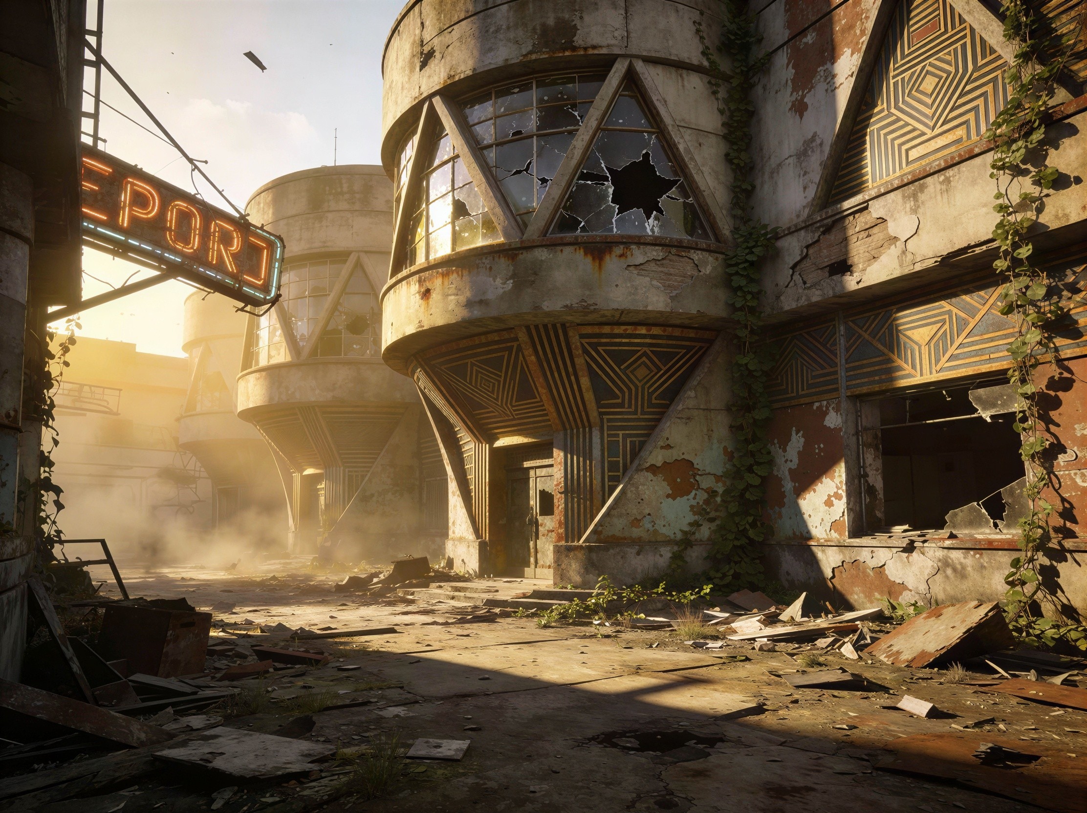 Post-Apocalyptic Cityscape with Art Deco Buildings