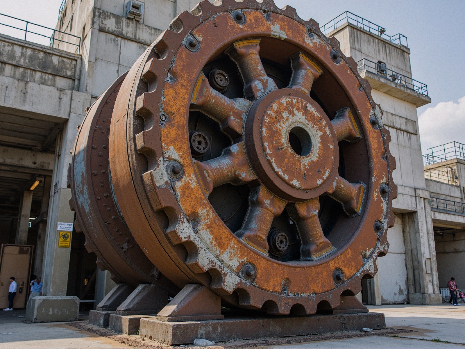 Large Rusted Industrial Wheel Surrounded by Concrete