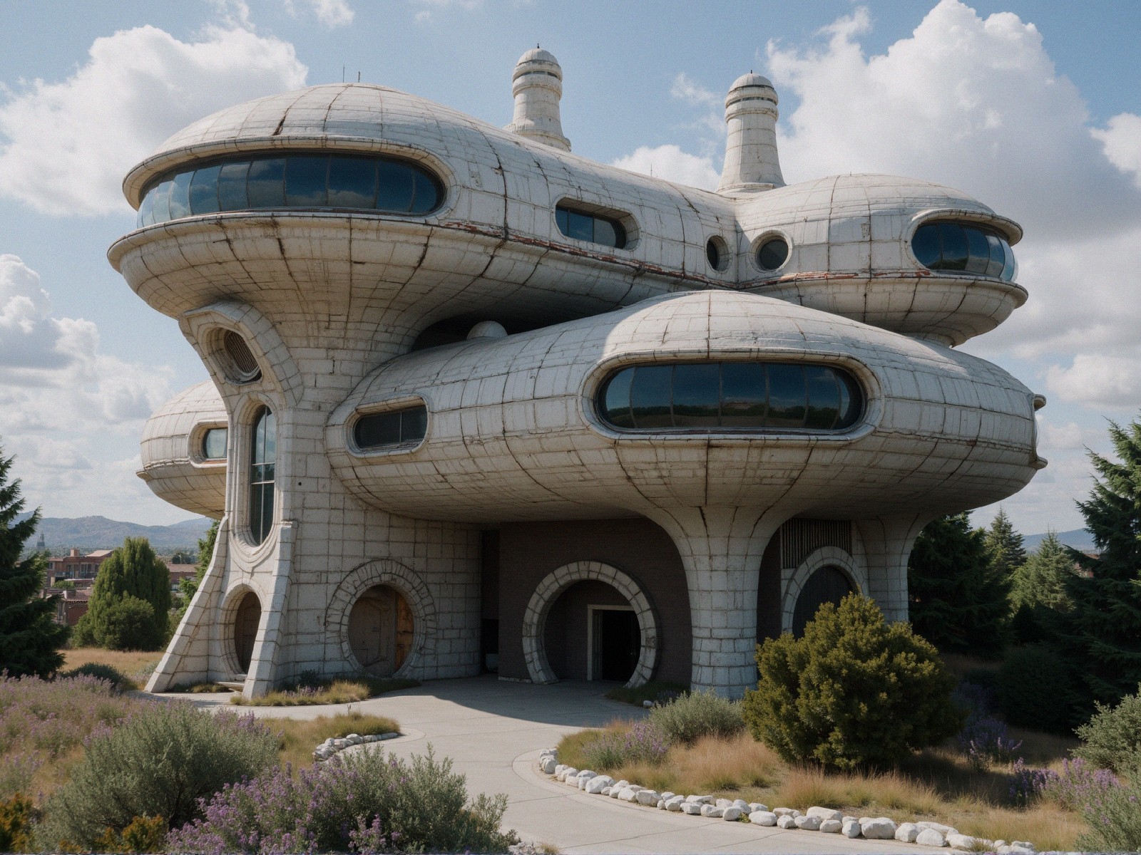 Futuristic Building with Bulbous Forms and Rounded Windows