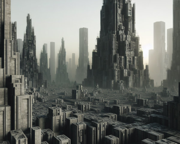 Futuristic Cityscape with Skyscrapers and Geometric Terrain