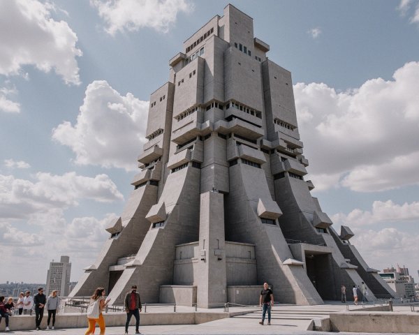 Brutalist Building with Futuristic Aesthetic Under Sky