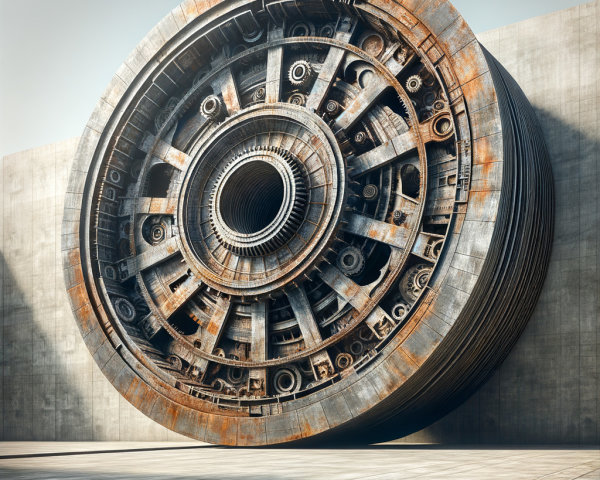 Rusted Industrial Wheel Against Concrete Wall
