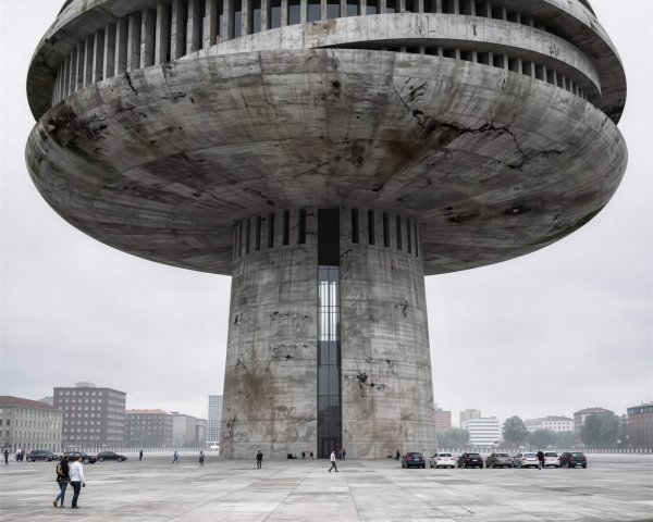 Brutalist Building with Mushroom Shape and Textured Design