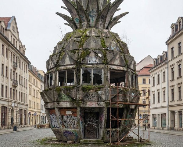 Abandoned Concrete Pineapple Building on Cobblestone Street