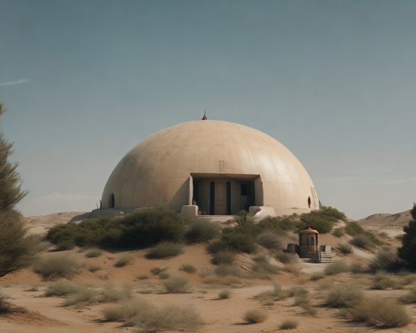 Dome-Shaped Structure in Desert Landscape with Shrine