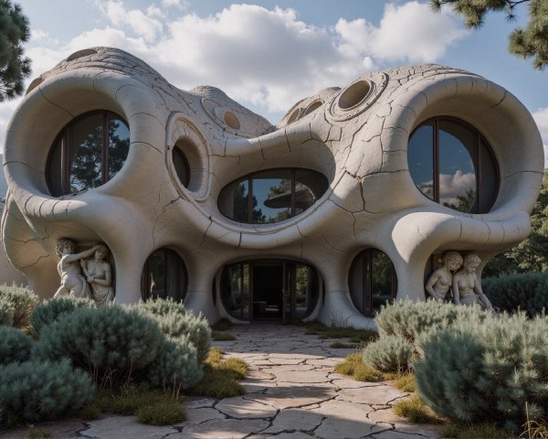 Organic-Shaped Building with Abstract Design and Greenery