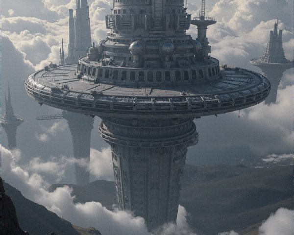 Futuristic landscape with a massive space station above clouds