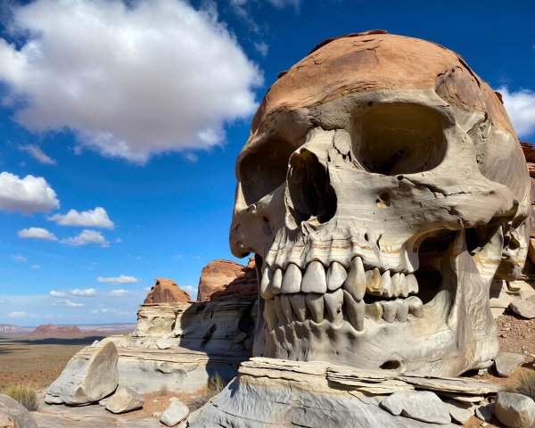 Gigantic Natural Rock Skull in Desert Landscape