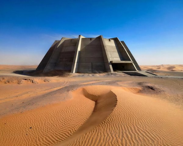 Brutalist Alien Structure in Desert Landscape