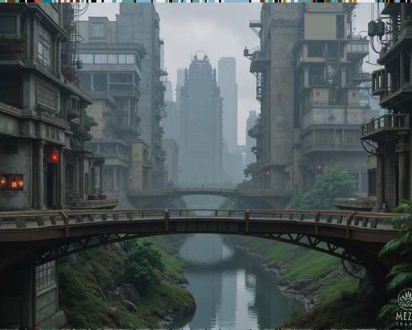 Futuristic urban environment with mist and red lights