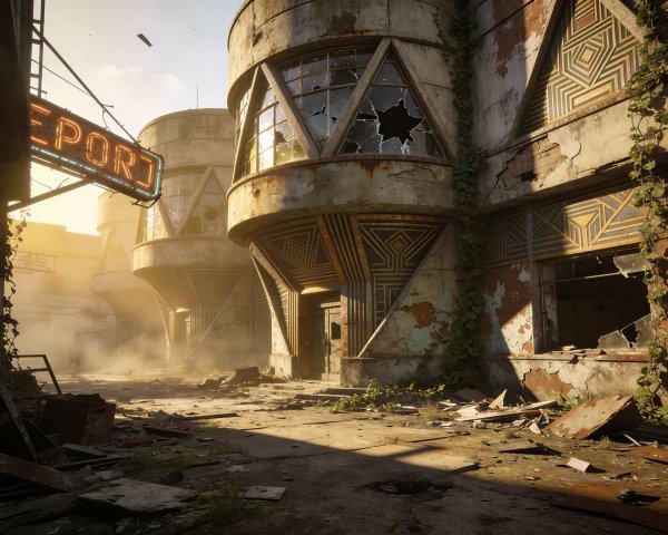 Post-Apocalyptic Cityscape with Art Deco Buildings