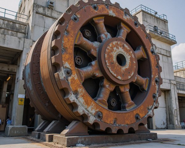 Large Rusted Industrial Wheel Surrounded by Concrete
