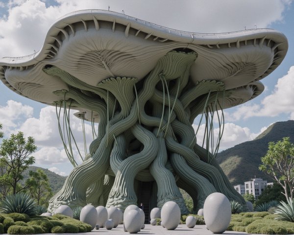 Surreal Mushroom-Shaped Structure in Lush Landscape