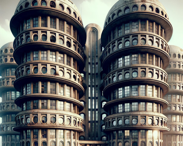 Modern architectural structure with cylindrical towers