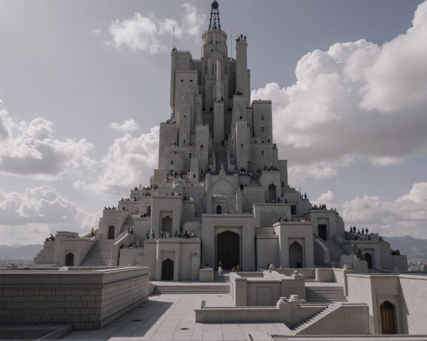 White Stepped Palace with Decorative Motifs and Visitors