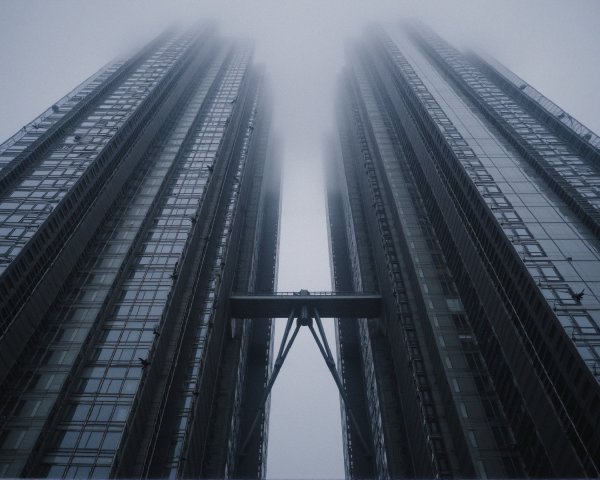 Skyscrapers in Fog with Glass Facades and Scaffold