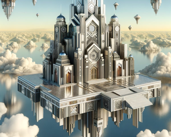 Floating Palace Above Clouds with Geometric Designs