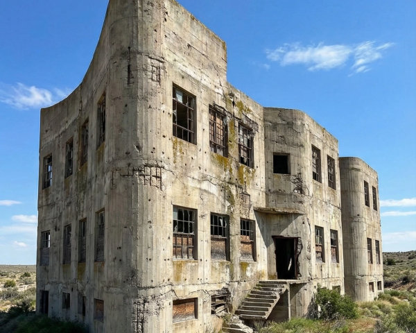 Abandoned multi-story concrete building in arid landscape