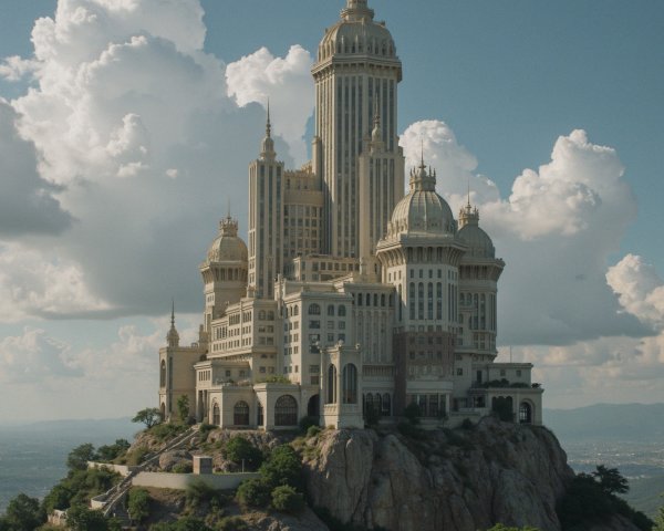 Grand castle on rocky hill with lush surroundings