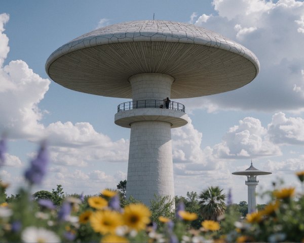 Mushroom-Shaped Structure on Pedestal Surrounded by Flowers