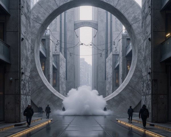 Urban Scene with Circular Arch in Foggy Atmosphere