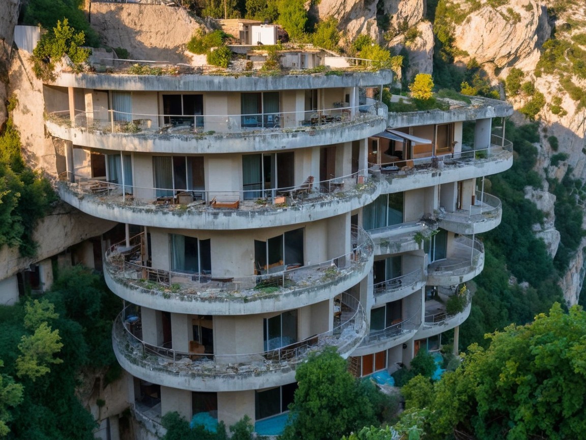 Abandoned Spiral Building on Rugged Hillside