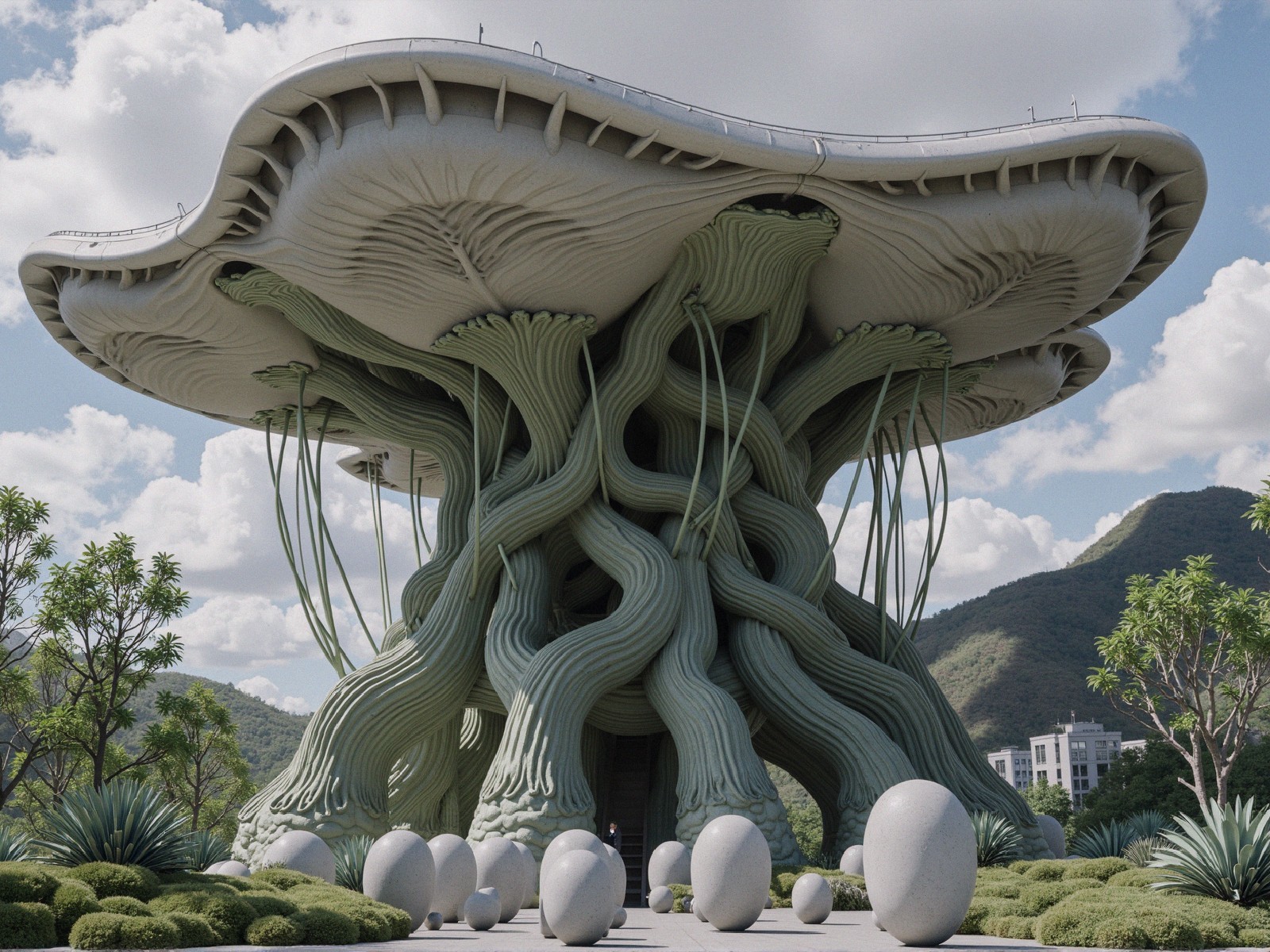 Surreal Mushroom-Shaped Structure in Lush Landscape