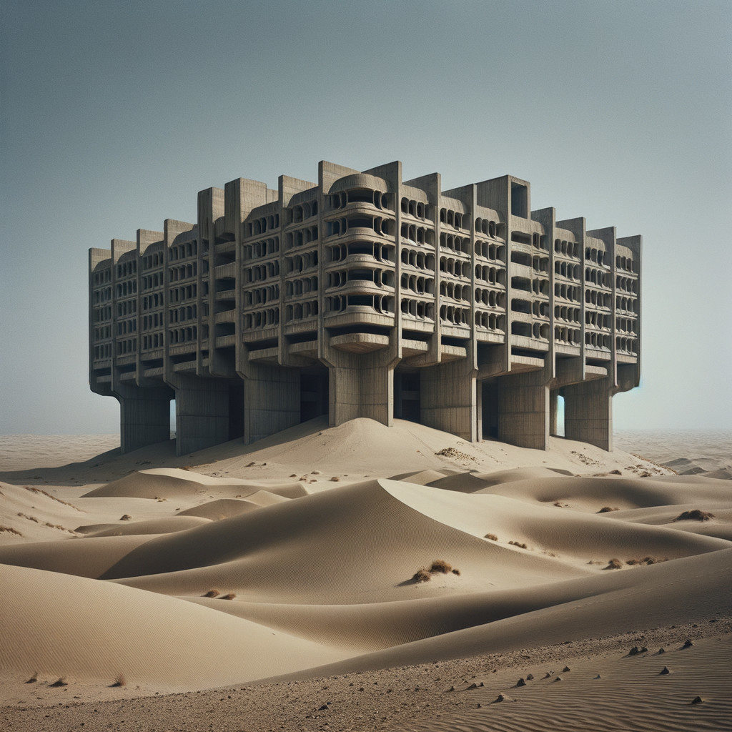 Modernist architectural structure in desert landscape