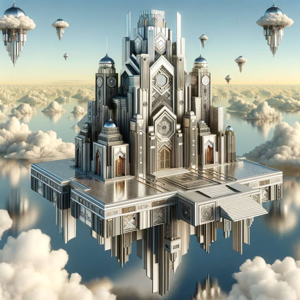 Floating Palace Above Clouds with Geometric Designs
