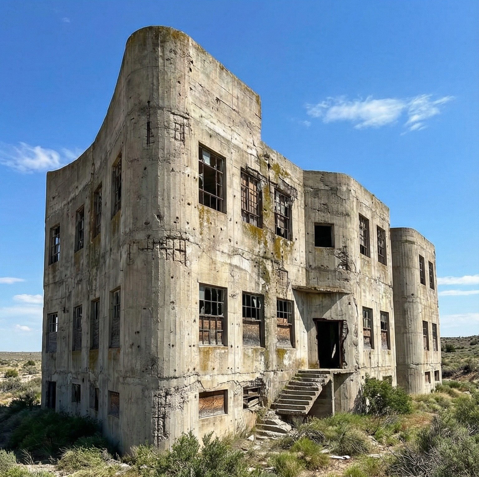 Abandoned multi-story concrete building in arid landscape