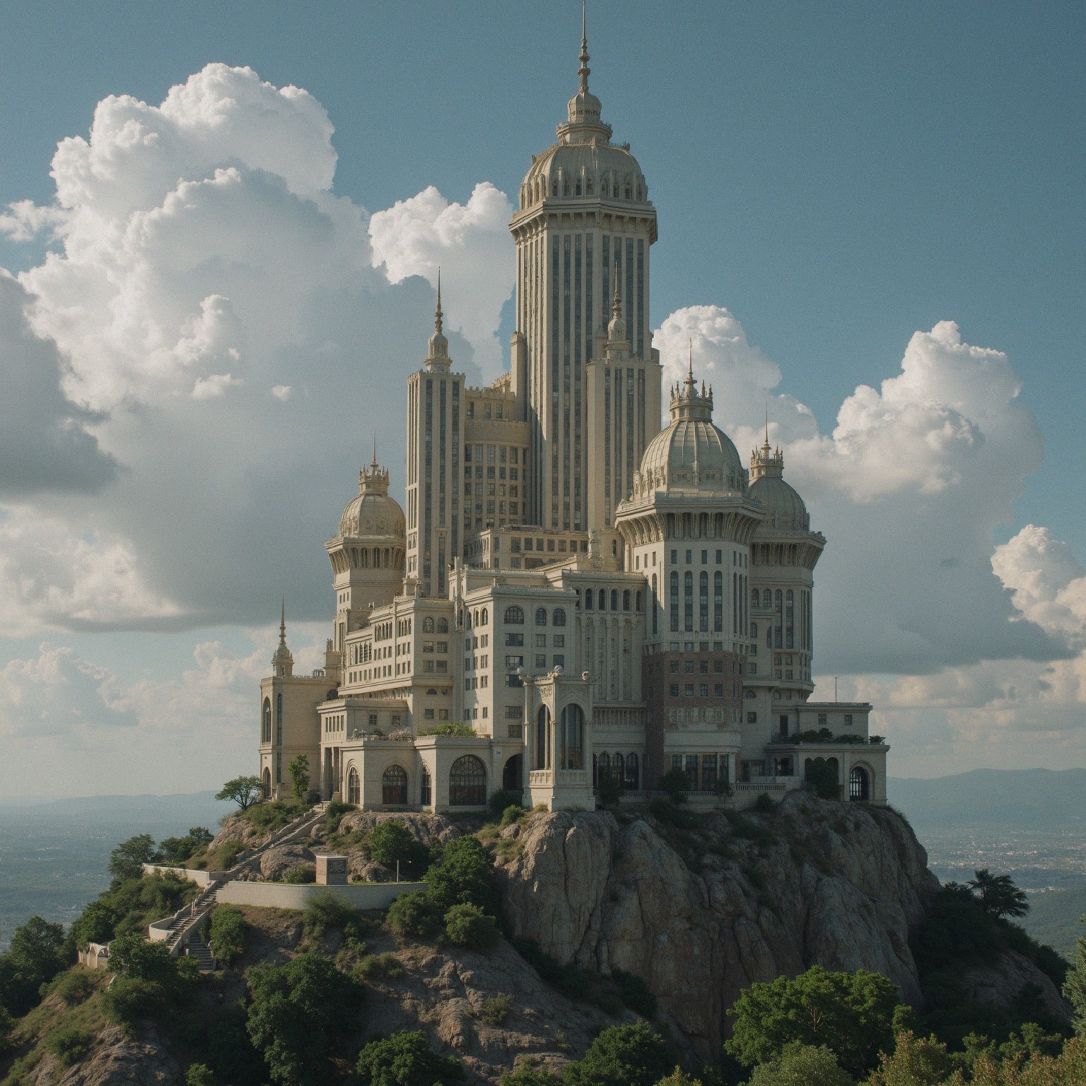 Grand castle on rocky hill with lush surroundings