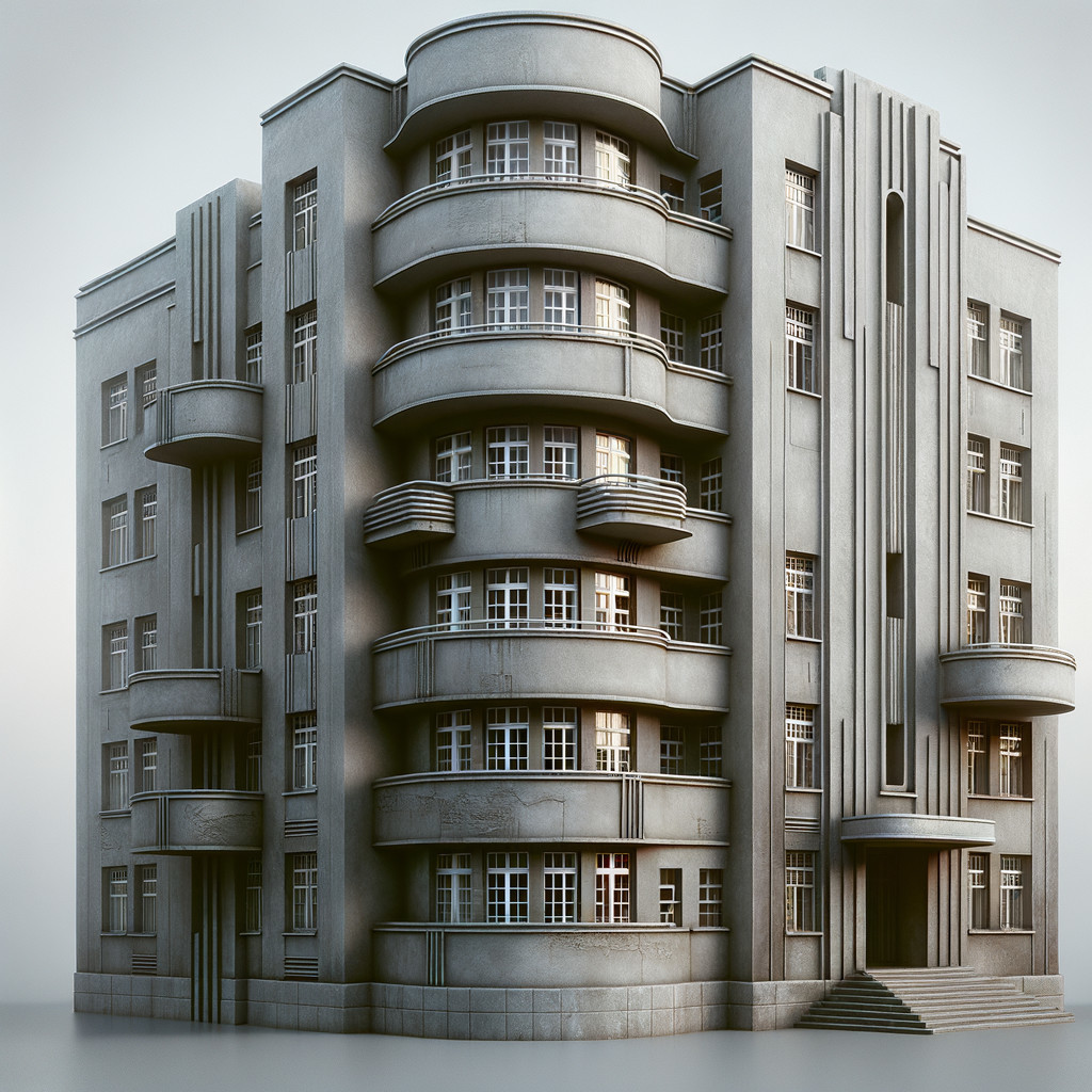 Modernist building with curved balconies and large windows