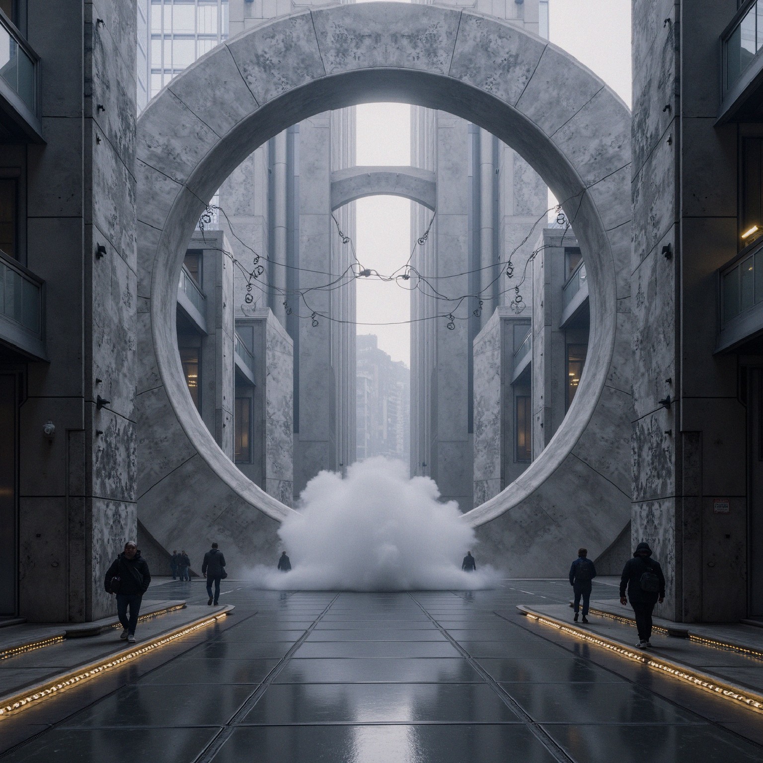 Urban Scene with Circular Arch in Foggy Atmosphere
