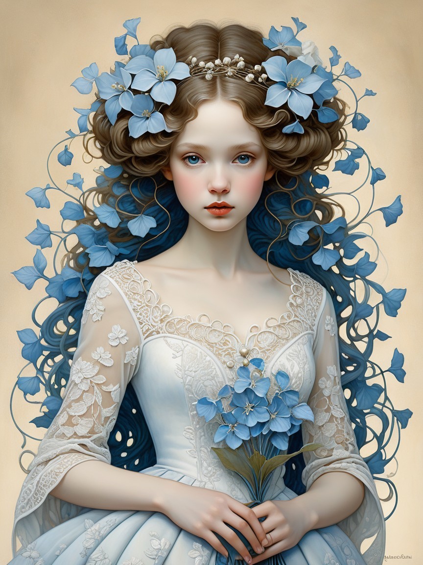 Young woman in white gown with blue flowers and bouquet