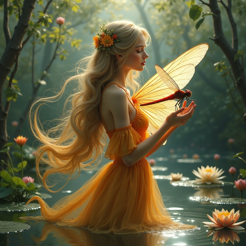 Young Woman in Yellow Dress by Tranquil Pond