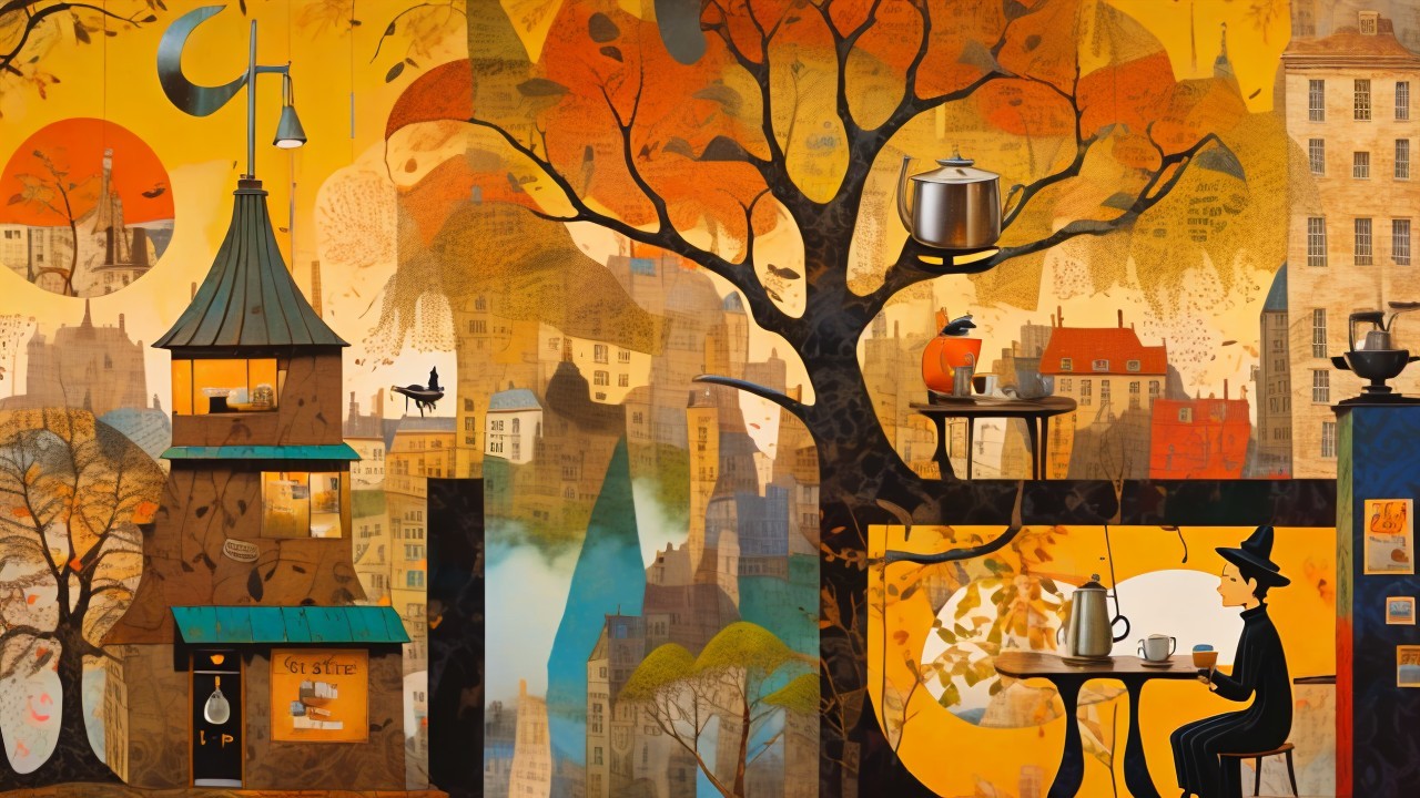 Whimsical Autumn Mural with Cozy Café Scene