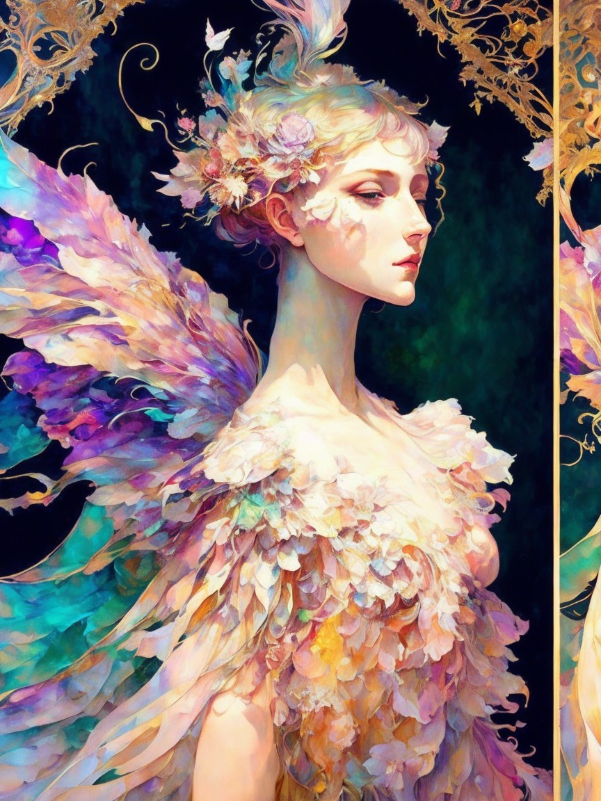 Serene figure with iridescent wings in dark background