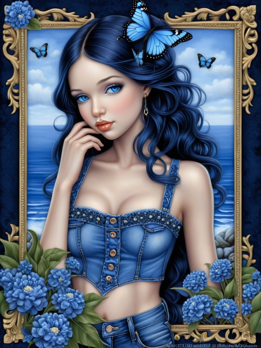 Young woman with blue hair amidst hydrangeas and ocean