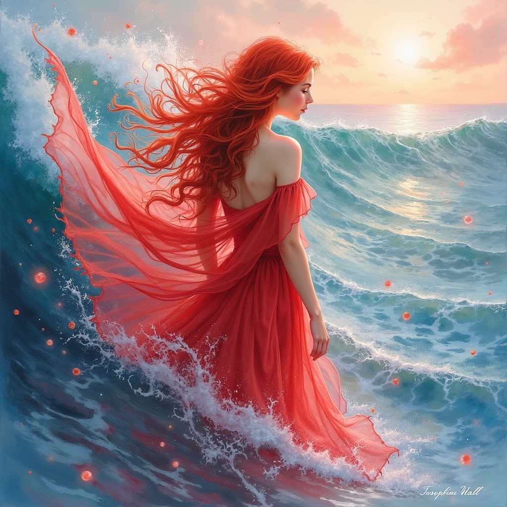 Woman in Red Dress at Ocean Sunset with Waves