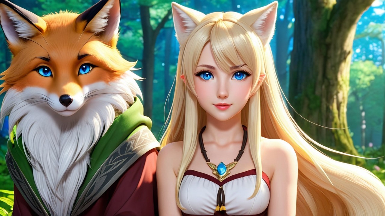 Young Woman with Fox in a Magical Forest Setting