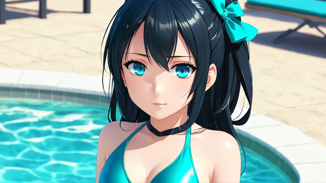 Young Woman by Pool in Teal Bikini with Blue Bow