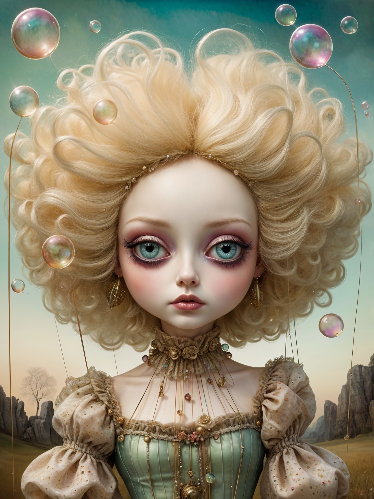 Whimsical doll figure in vintage dress with pastel colors
