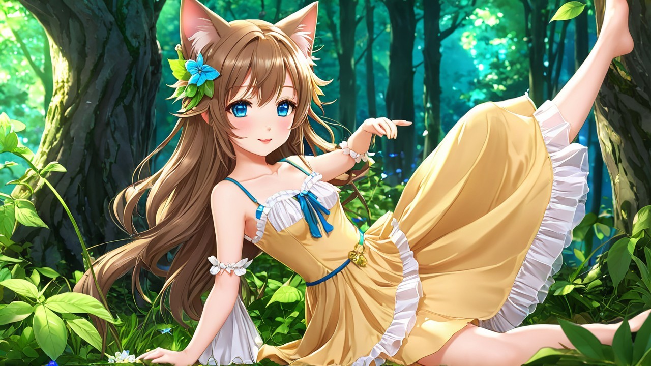 Anime-Style Girl with Cat Ears in Vibrant Forest