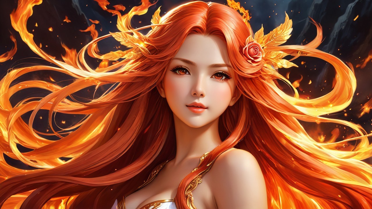 Fantasy Character with Red Hair and Fiery Background