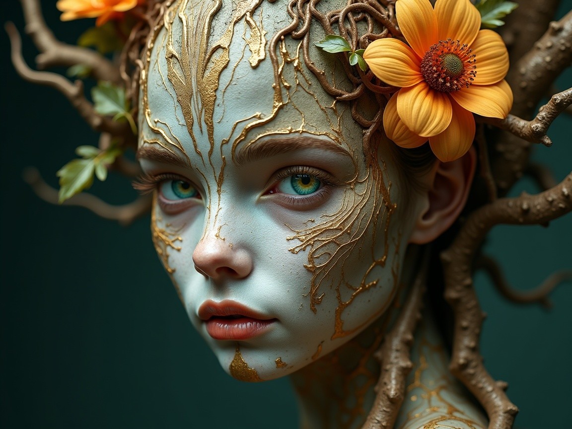 Portrait of a Young Woman with Nature-Inspired Body Art