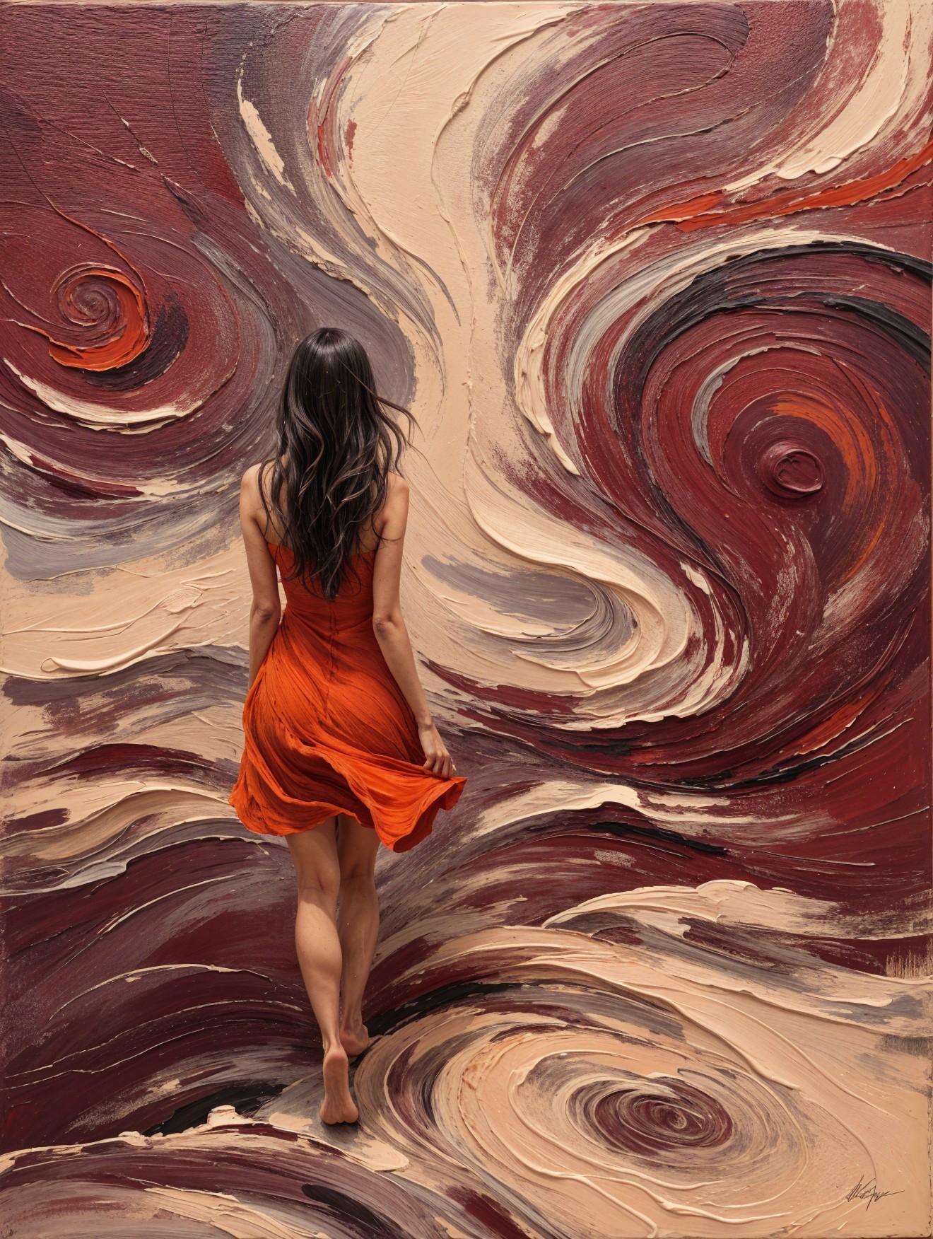Woman in Orange Dress in Abstract Colorful Landscape