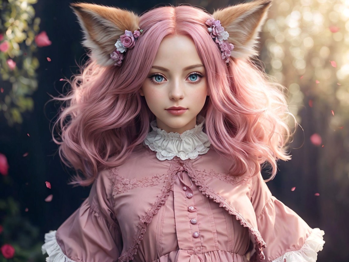 Doll-like character with pink hair and vintage dress