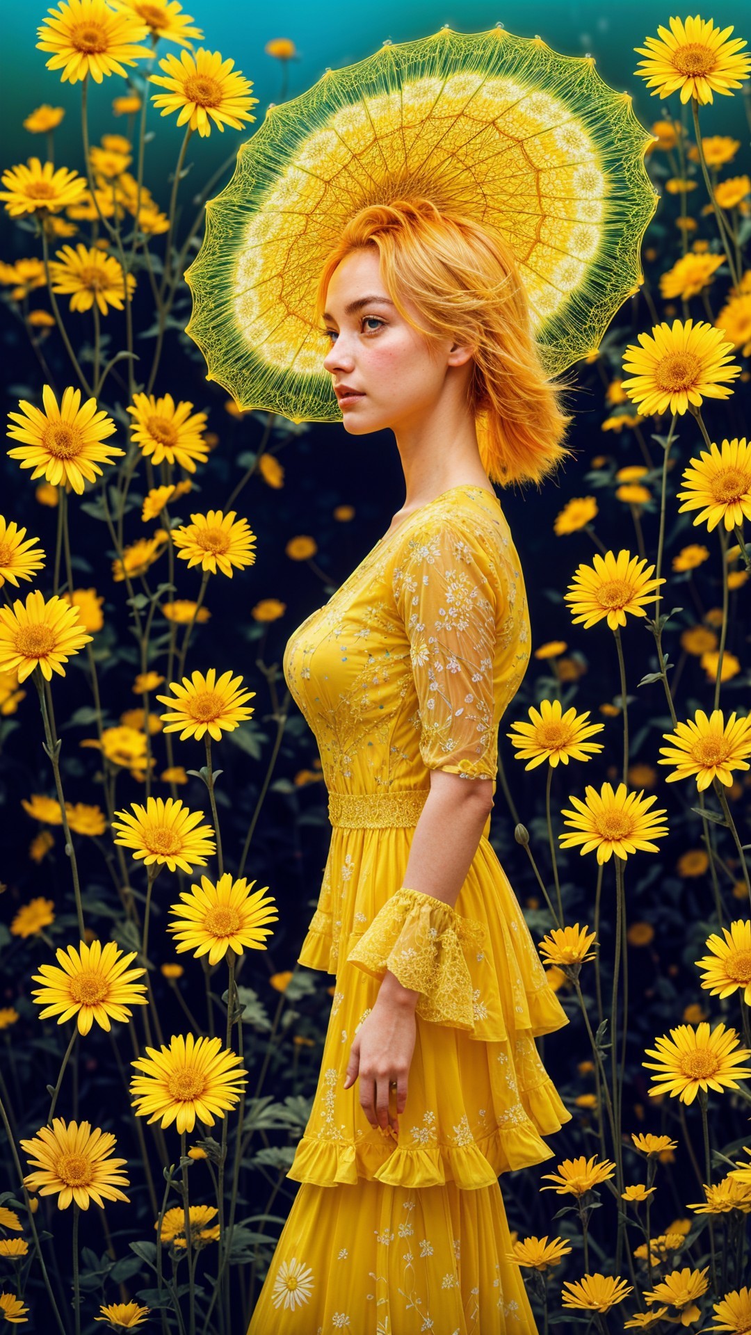 Young woman in yellow dress among vibrant flowers